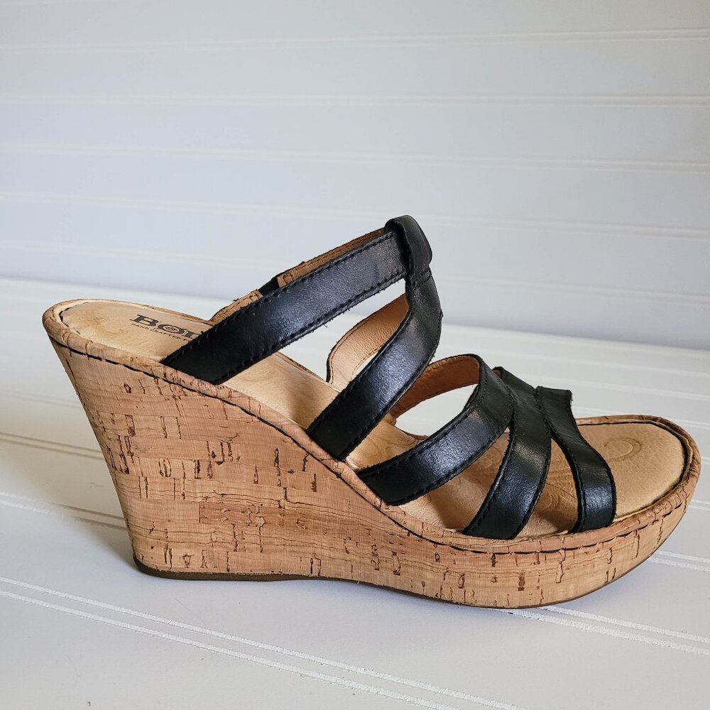 Born Lisi Sandals Womens 7 / 38 Black Leather Strappy Cork Wedge Heels Slides
